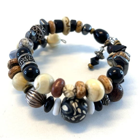 Bohemian Coil Bracelet Natural and Carved Beads - Picture 2 of 12